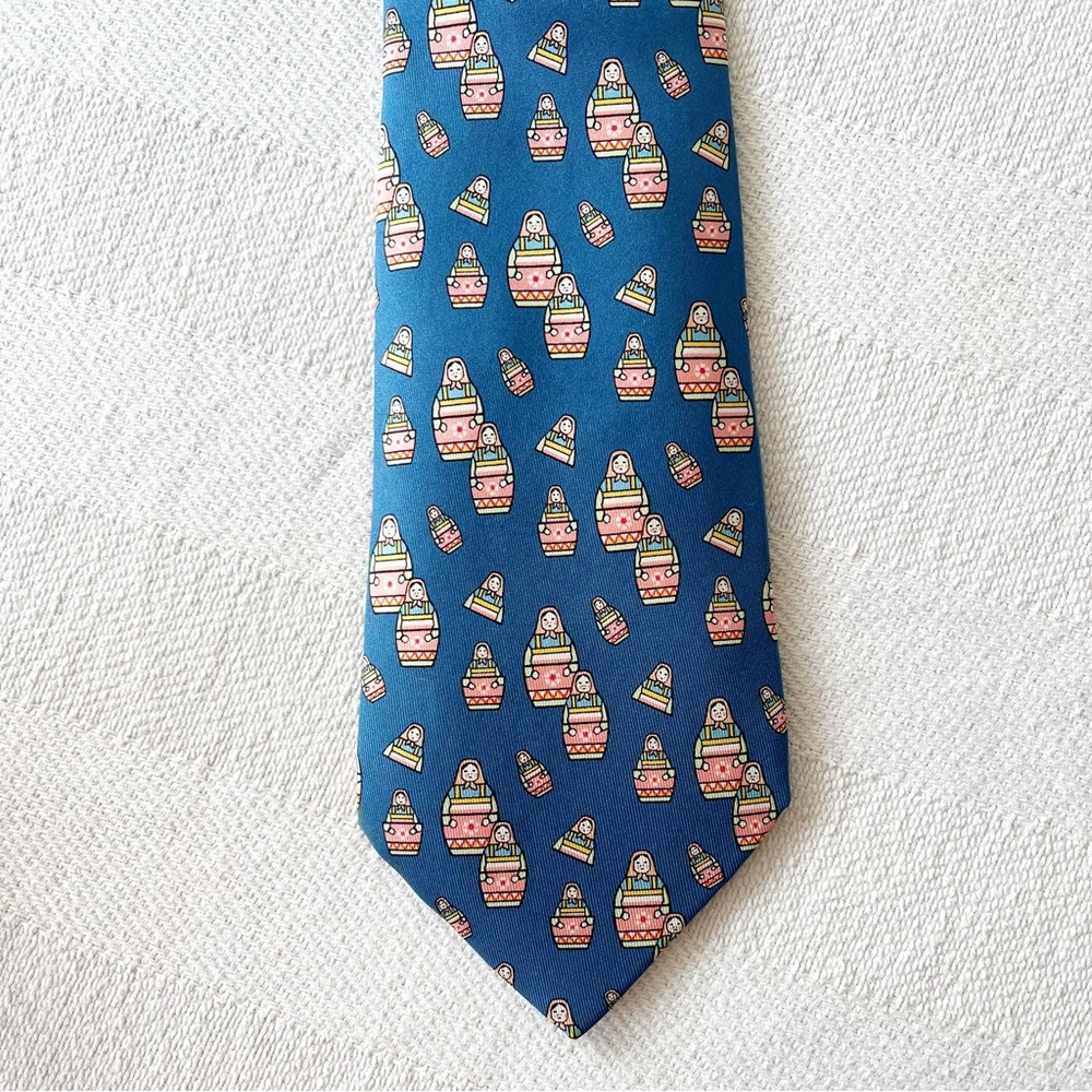 HERMES Rare Vintage Blue Poupees Russes Matriochkas Doll Twill Silk Tie